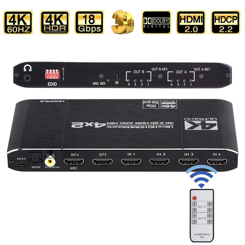 HDMI ȣȯ 2.0b Ʈ 4x2 4K @ 60Hz 18.5 Gbps SPDIF  L/R 3.5mm, HDR ġ 4x2  ARC HDCP 2.2 3D